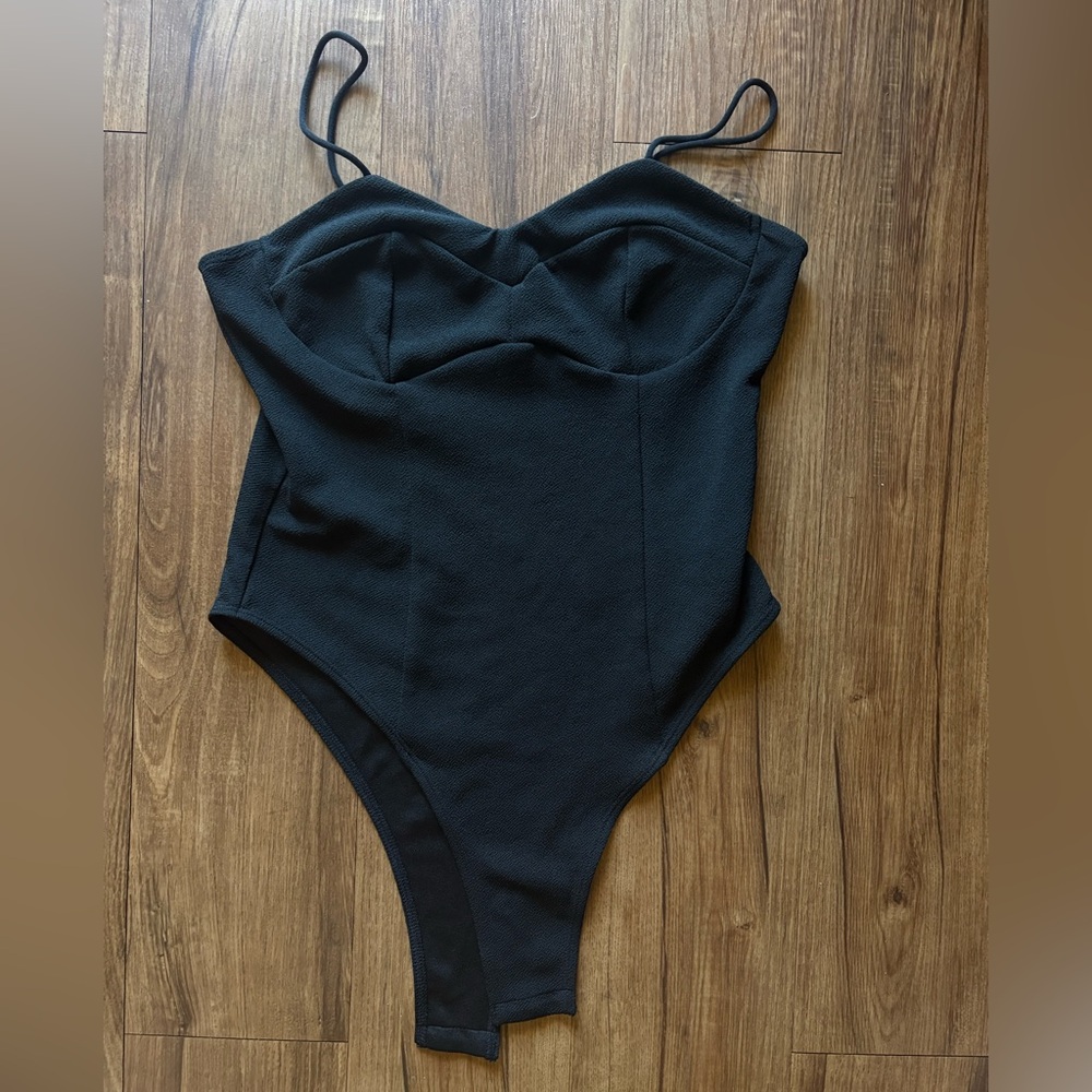 Strap One Piece Bodysuit Top, Black- Medium